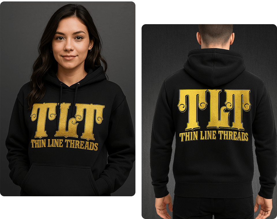 Front and back views of Thin Line Threads branded apparel